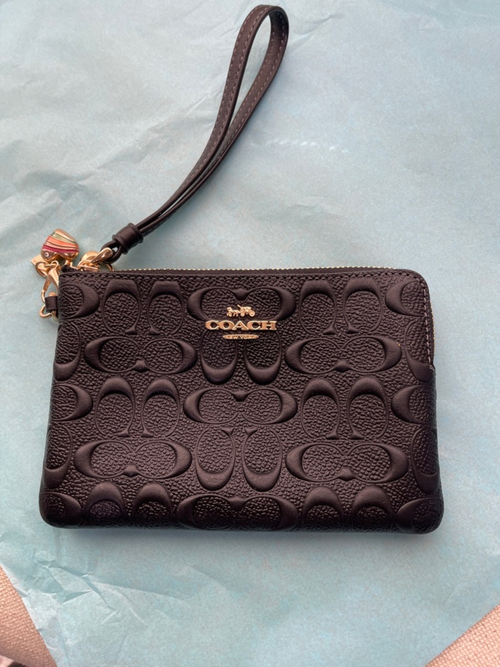 (New) Coach Black Signature Embossed Leather Wristlet with Gold Hardware